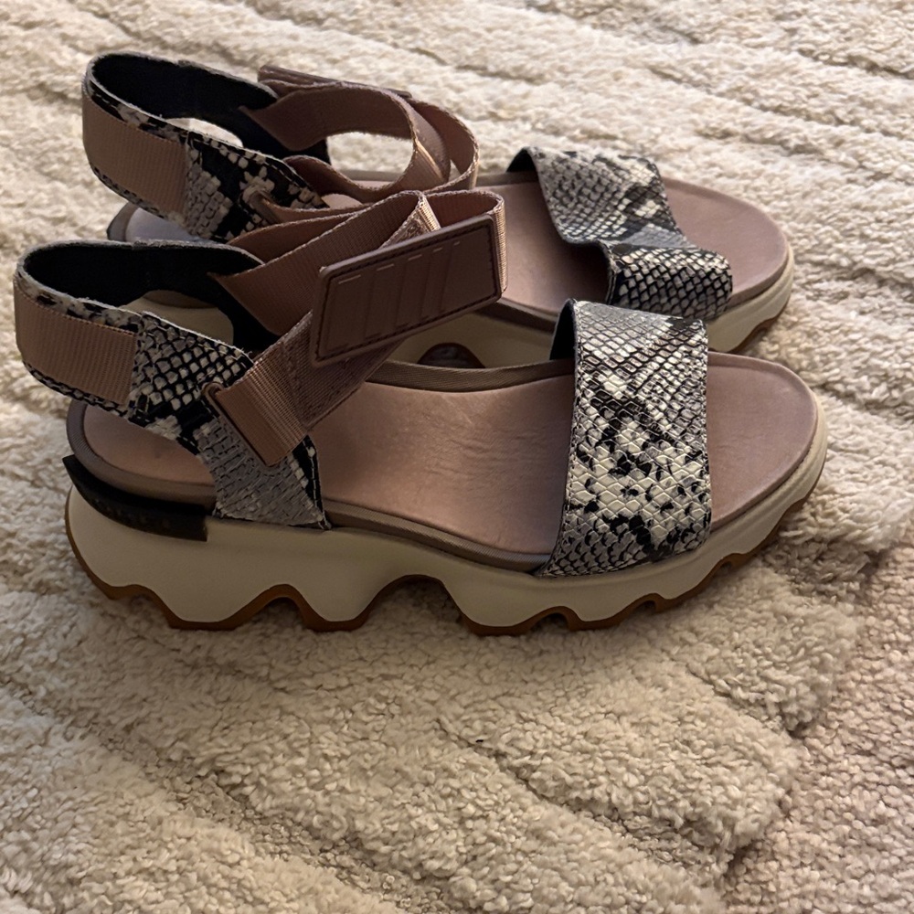 Sorel Snakeskin Platform Sandals - Black and Tan